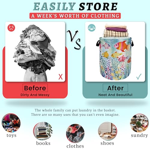 Watercolor Fish Laundry Basket Foldable With Handles Cute Fishes Tote Bag Oxford Cloth Colorful Laundry Hamper Clothes Storage Bucket Toy Organizer For Bathroom/Laundry/Bedroom 18.9"x16.5 " - color: Watercolor Fish Hand Drawn Fishes