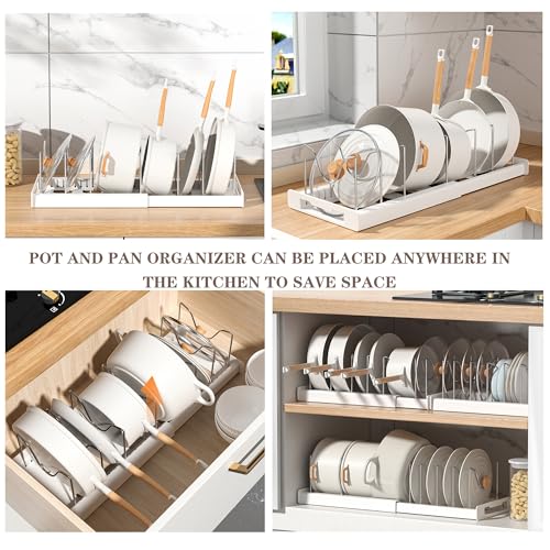 Expandable Pot and Pan Organizer Rack with 7 Stainless Steel Adjustable Shelves, for Neatly Storing Cookware, Pots, Pans, Lid - color: White（Style 1）