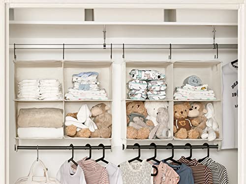StorageWorks Hanging Closet Organizer with Metal Rod, 4-Section Closet Organizers and Storage, Collapsible Hanging Shelves for Baby Clothes, Shoes, Sweater Storage, Ivory and White - color: White & Ivory, size: 12¼"D x 24½"W x 28"H