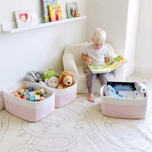 NaturalCozy Storage Baskets 16.8”x13”x7.6” Cotton Rope Woven Baskets for Organizing 3-Pack | Toy Storage Bins | Basket for Shelves, Laundry, Blanket, Clothes, Closet, Kitchen, Bathroom, Gifts - color: Off White & Mixed Pink