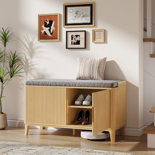 39.4" Fluted Shoe Cabinet Storage with Bench, 2-Tier Entryway Bench with Adjustable Shelves and Detachable Cushioned Seat, Shoe Organizer Bench Cabinet for Entryway, Living Room, Hallway Natural - color: Natural