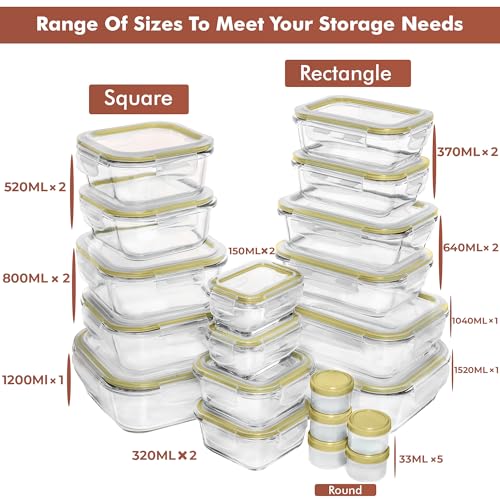 Razab 35 Pc Set Glass Food Storage Containers with Lids - Meal Prep Airtight Bento Boxes BPA-Free 100% Leak Proof (15 lids,15 glass & 5 Plastic Sauce/Dip Containers) - color: Gold