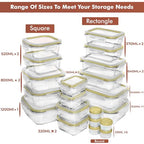 Razab 35 Pc Set Glass Food Storage Containers with Lids - Meal Prep Airtight Bento Boxes BPA-Free 100% Leak Proof (15 lids,15 glass & 5 Plastic Sauce/Dip Containers) - color: Gold