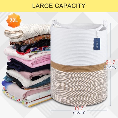 COMSE Extra Large Blanket Basket, Tall Woven Storage Basket, Nursery Hamper, 15.7”x 21.7”, Cotton Rope Laundry Hamper for Toys Clothes Towels, Blend White/Camel - color: Blend White & Camel