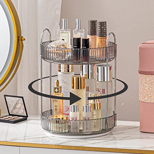 shuang qing Rotating Makeup Organizer for Vanity, High-Capacity Skincare Clear Make Up Storage Perfume Organizers Cosmetic Dresser Organizer Countertop 360 Spinning (Gray, 2 Tier) - color: Gray, size: Regular-2 Tier