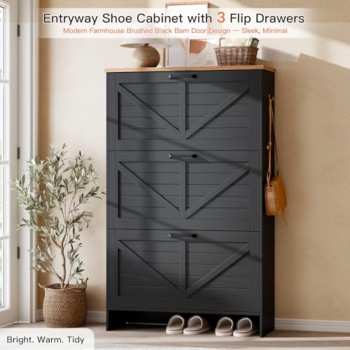 Nicetree Barn Door Shoe Cabinet for Entryway - Modern Farmhouse Shoe Storage Cabinet with 3 Flip Drawers - Slim Hidden Shoe Organizer, 3-Position Adjustable Divider, Fits Size 13, Brushed Black - color: Brushed Black Color, style: 3 Flip Drawer - Modern B