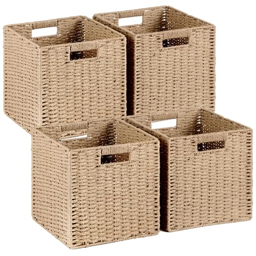 Woven Wicker Storage Baskets 4-Pack, 11x11 Handwoven Paper Rope Organizer Bins, Foldable Cube Storage Cubes with Built-in Handles for Shelves and Closet Organization(Natural Beige) - color: Natural Beige, size: 4 Pack