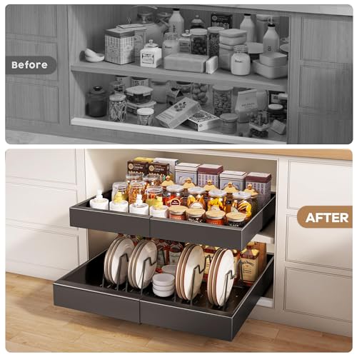 Seinloes 4 Pack Pull out Cabinet Organizer 21"Deep with Raising Pad for Framed Cabinets, Expandable Slide out Drawers for Kitchen Cabinets with 4pcs Divider Racks, Roll out Shelves 12.1"-20.4" W Black - color: Black, size: 12.1"-20.4"W x 21"D(4Pack)