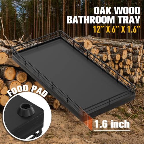 Bathroom Vanity Tray for Countertop, 12" x 6" Oak Wood Toilet Tank Tray with Metal Guardrail, Bathroom Organizer for Soap, Perfume & Skincare, Non-Slip Decorative Tray for Dresser & Vanity, Black - color: Black, size: 12" x 6" x 1.5"