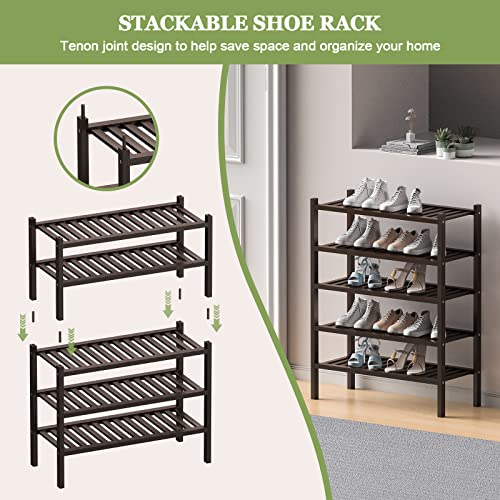 ROMGUAR CRAFT 2 Tier (Thick) Bamboo Shoe Rack for Closet Free Standing Wood Shoe Shelf for Entryway Small Space Stackable 27"x12"x14" (Black Brown) - color: Brown, size: 2 Tier(Thick)