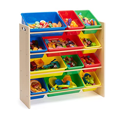 Amazon Basics Kids Toy Storage Organizer With 12 Plastic Bins, Natural Wood, Multicolor, for Bedroom and Playroom, 33.85"D x 12.79"W x 35.42"H - color: Natural Wood With Bright Bins