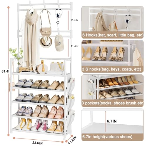 OYREL Shoe Rack 5 Tier Shoe Organizer Storage 15-20 Pairs Shoes Rack for Closet Entrance Shoe Rack Organizer with Hooks and Side Pocket Entryway Shoe Holder Space Saving Free Standing Shoe Racks - color: White, size: 5 Tier (23.6"Wx 61.4"H)