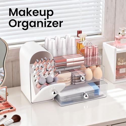 Makeup Organizer,Vanity Organizer with Makeup Brush Holder,Large Skincare Organizers with Drawers,Bathroom Countertop Organizer,Storage Lipstick,Perfume,Nail Polish,Beauty,Mothers Day Gifts - color: White