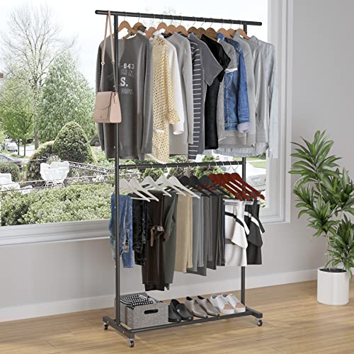 Sywhitta Double Rod Clothing Garment Rack, Rolling Clothes Organizer on Wheels for Hanging Clothes, Easy to Assemble, Adjustable, Black - color: Black, size: No mesh