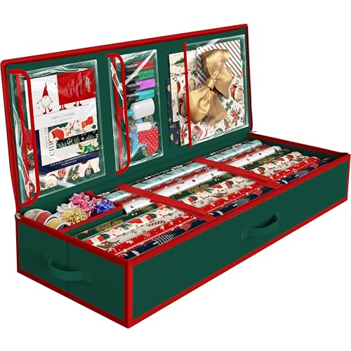 Simple Houseware 41.5" Wrapping Paper Storage Organizer - Fits 40 Rolls with Adjustable Straps, Interior Divider for Ribbons & Bows, 3 Clear Pockets for Gift Bags & Tools, 41.5''L x 16''W, Green - color: Green