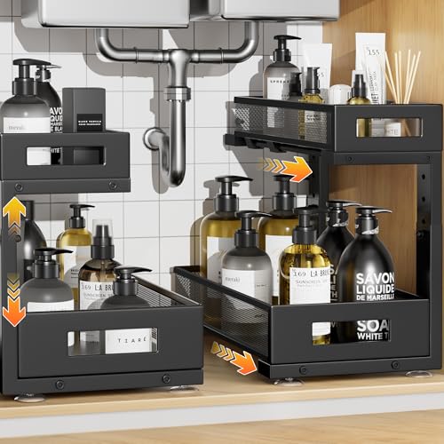 2-Pack Under Sink Storage Organizer, Large 2-Tier Elegant Mesh Pull Out Shelf for Kitchen and Bathroom Cabinet Organization, L-Shaped and Adjustable Height Design,Patent Pending-Black - color: Black, size: 2 Pack-15.74"Dx11.4"-16.14"H