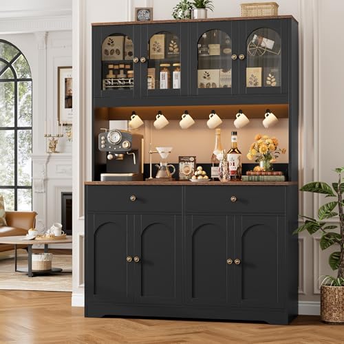 HIFIT 71" LED Kitchen Pantry Cabinet with Power Outlet, Large Kitchen Hutch Cabinet with 2 Storage Drawers & Arched Door, Countertop & Hooks, Tall China Bar for Dining Living Room (Black) - color: Black