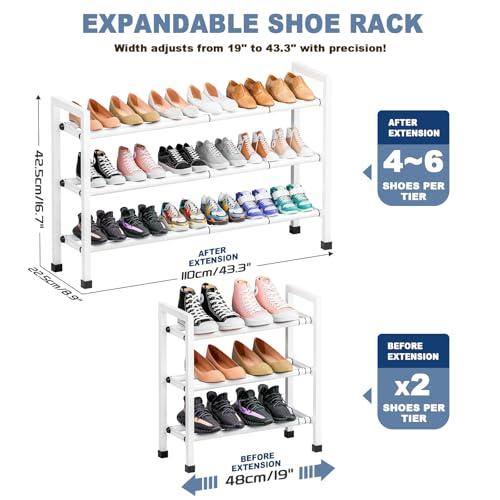 Mavivegue 3-Tier 19"-43.3" Adjustable Shoe Rack for Closet,Expandable Shoe Rack, Hall Entryway,Front Door,Garage, Sturdy Steel Space-Saving Rack, White - color: White, size: 3 Tier
