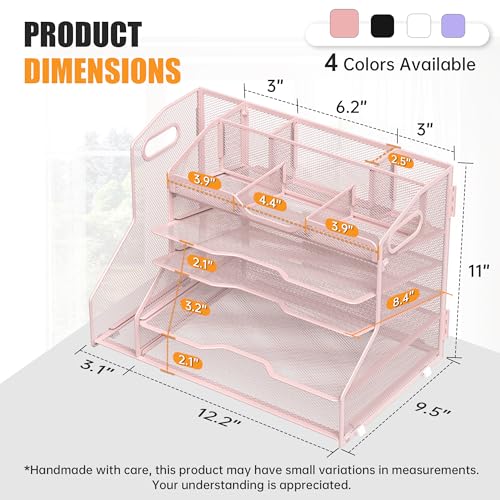 YINGHUA 5 Tier Paper Tray Letter Organizer with Top 6 Adjustable Compartments and File Holder - Paper Sorter Office Desktop Accessories with Handles for Document,Mail,School Supplies Storage,Pink - color: 5 Tier With File Holder-pink