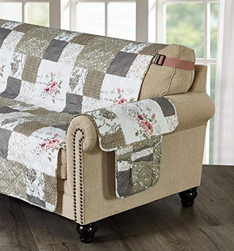 Brilliant Sunshine Rose and Toile Patchwork Couch Armrest 5 Pockets Organizer, Slip Resistant Armchair Caddy, Washable Remote Controls Holder, Storage for Magazine, Tablet, Phone, 35×13", Rose Grey - color: Rose Grey