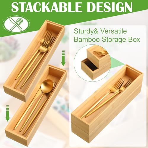 Kigley 8 Pieces Bamboo Drawer Organizer Kitchen Utensils Wooden Utensil Stackable Wooden Storage Box Bamboo Silverware Tray for Drawer(12 x 3 x 2 Inch,Wood) - size: 12 x 3 x 2 Inch