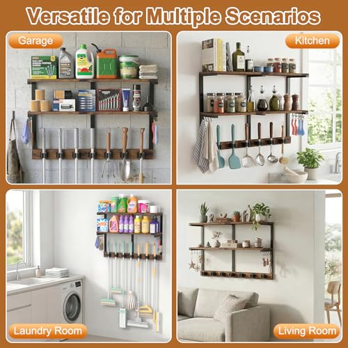 Housolution 2 Tier Broom Holder Wall Mount with Cleaning Supplies Organizer, 100 LBS High Load-Bearing Laundry Room Storage Shelves, Multifunctional Mop Hanger Rack with 7 Grippers & 8 Hooks - size: 2 Tiers