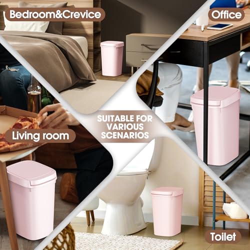 CEROELDA 3 Pack Bathroom Trash Can with Lid, 10L/2.6 Gal Small Garbage Can with Press Top Lid, Slim Plastic Waste Basket for Toilet, Office, Bedroom (Pink) - color: 3 Pack-Pink