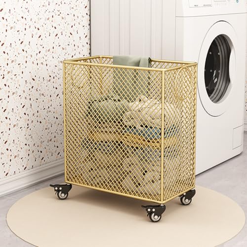 Gold Metal Laundry Basket with Wheels, Rolling Laundry Hamper Cart Gold Mesh Laundry Clothes Sorter Storage Cart Organizer Shelf Basket Durable for Laundry Room - color: Gold