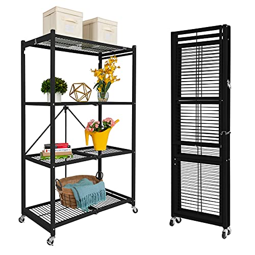Origami R5 4-Shelf Heavy-Duty Folding Storage Rack, Black – Large Foldable Metal Shelving Unit with Wheels for Garage, Pantry, Basement, Laundry Room or Warehouse - color: Black, size: 1-Pack
