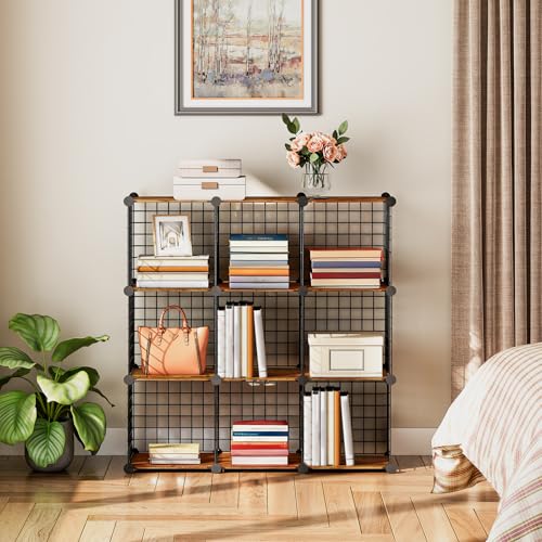 HOOBRO Floating Shelves for Wall and Wire Cube Storage Organizer, Wall Mounted Shelf Set of 2, 9-Cube Shelves, Modular Shelves with Metal Grid, DIY Closet Cabinet, BF80BJP201-BF09CW01