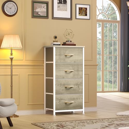 DWVO Dresser with 4 Drawers - Fabric Storage Tower, Organizer Unit for Bedroom, Hallway, Hallway, Closets - Sturdy Steel Frame, Wooden Top & Easy Pull Fabric Bins - color: Oak Greige, style: 4-Drawer