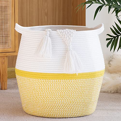 KAKAMAY Woven Baskets for Storage(17"x17"),Large Cotton Rope Woven Baby Laundry Hamper,Collapsible Laundry Basket, Blanket Basket for Organizing Living Room,Nursery,Pillows,Toy Chest(Yellow) - color: Yellow