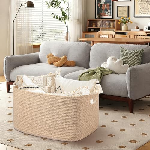 Large 75L Woven Laundry Basket, Collapsible Cotton Rope Storage Hamper for Blankets, Toys, Dirty Clothes, Rectangle Nursery Basket for Living Room, Bedroom, Baby Room - Brown - color: Brown