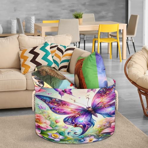 Pardick Spring Flower Butterfly Large Round Storage Basket Collapsible Circle Storage Bin Laundry Hamper With Handle for Kids Toy Blanket Clothes Towel Living Room Nursery Storage Organizer Decor - color: Print 12