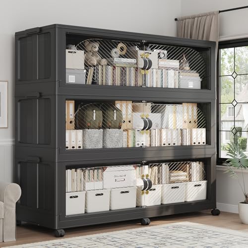 240GAL Plastic Storage Bins with Lid, 960QT Extra Large Stackable Closet Organizers and Storage, Collapsible Storage Boxes with Wheels, Folding Cabinet for Home Kitchen Office, 3Pack Black - color: 80Gal-Black, style: 3Pack