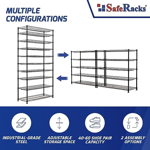 SafeRacks 10-Tier Shoe Rack - Black, Large Shoe Storage Organizer, 60 Pair, Heavy Duty Shoe Stand with Vertical Free Standing Shoe Shelf, Perfect for Entryway, Closet, Garage, & Bedroom Storage - color: Black, size: 14"x36"x68" 10-Tier