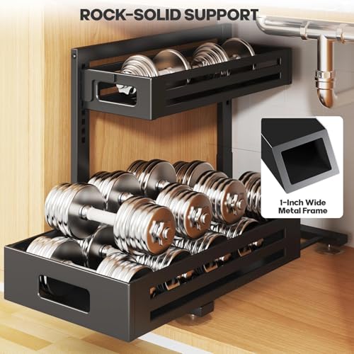 2 Pack 17IN-Depth Under Sink Organizer,Pull Out Cabinet Organizer With Smooth Cylindrical Rail,Metal Slide Out Drawer for Kitchen Bathroom Laundry,8-Level Tool Free Height Adjustable-Black - color: Black, size: 2 Pack-17"Dx9.5"-16.7"H