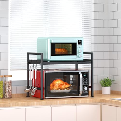 PUSDON Textured Black Microwave Oven Rack, Expandable 2-Tier Kitchen Countertop Organizer, Heavy Duty Carbon Steel Stand with 3 Hooks, Adjustable Height & Length - color: Textured Black, size: H-frame 2 tier