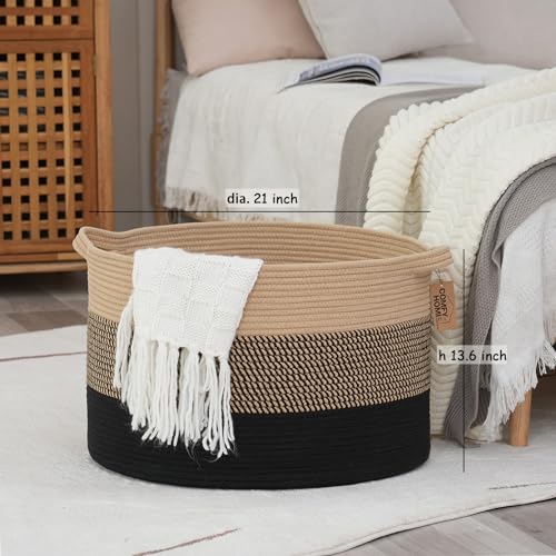 COMFY-HOMI XXXL Large Laundry Basket, Cotton Rope Nursery Woven Basket for Storage, Blanket Baskets Living Room Laundry Hamper, Dog Toy Storage Organizer, Home Decor-21''x21''x13.6''-Jute and Black - color: black/camel