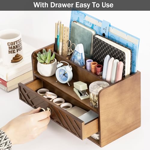 dreampossible Brown Wood Desk Organizer and Accessories with Drawer, Bill Mail Organizer and File Mail Holder for Office Supplies, Desk Accessories & Workspace Organizers - color: Brown