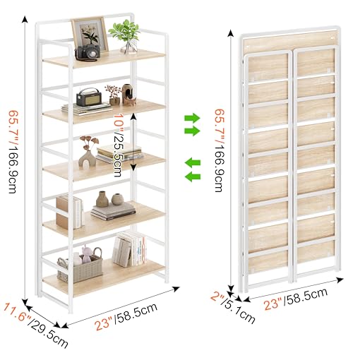No Assembly Folding Bookshelf, 5 Tiers Collapsible Book Shelf for Home Office, Vintage Wood Foldable Bookcase Storage Organizer for Living Room Bedroom (Beige) - color: Beige, size: 5-tier