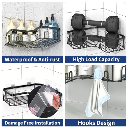 Menbyci 3 Pack Corner Shower Caddy, Adhesive Bathroom Shelves with 18 Hooks, Drill-Free & Quick-Dry Shower Organizer with Large Capacity, Rustproof Stainless Steel Bathroom Corner Storage Rack, Black - color: Black, size: 3 packs