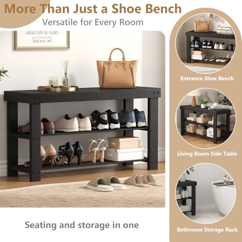 Sweetcrispy Shoe Rack Bench, 3-Tier Bamboo Entryway Storage Organizer, 286lb Capacity, Shoes Stand for FrontDoor Entrance, Bedroom, Living Room, Bathroom, Balcony, 35 Inches Length, Black - color: Black, size: 35 inches WIdth