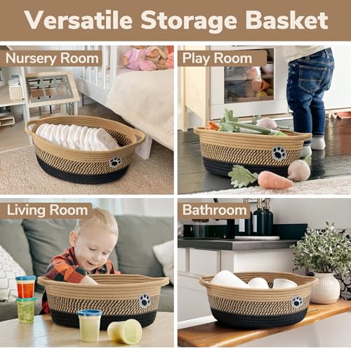 Dog Storage Bin, Baby Basket for Gifting, Wicker Storage Baskets for Dog, Cute Basket with Handles, Small Woven Baskets for Nursery 12"x 8" x 5" Black-Brown - color: Black-Brown, size: 12"L x 8"W x 5"H