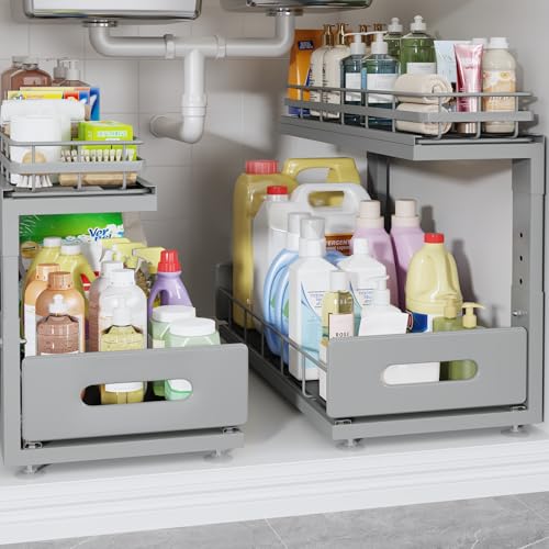Under Sink Organizer Upgrade To Professional Rails,2-Tier Dual Pull Out Cabinet Storage,Height Adjustable Slide Out Drawers For Bathroom Kitchen,2 Pack-18.5"Dx12.8"-16.9"H,Gun Gray - color: Gun Gray, size: 2 Pack-18.5"Dx12.8"-16.9"H