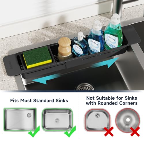 NiHome Extendable Sink Kitchen Organizer, Extra Long Telescopic Brush Storage Rack for Sponge, Non-Slip Pads Expandable Sink Caddy, Adjustable Sponge/Brush Rack with Drainage Durable ABS (Black) - color: Black 1, size: Extra Long