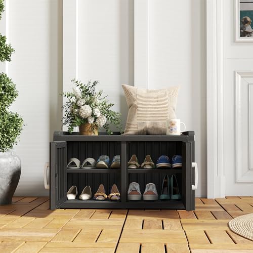 KAMABOKO Outdoor Shoe Storage Cabinet, Waterproof UV-Resistant Entryway Storage Bench Indoor Outdoor with 2 Barn Doors, Adjustable Shelves for Entryway, Bedroom, Hallway,Living Room(Black) - color: Black, size: Double Door