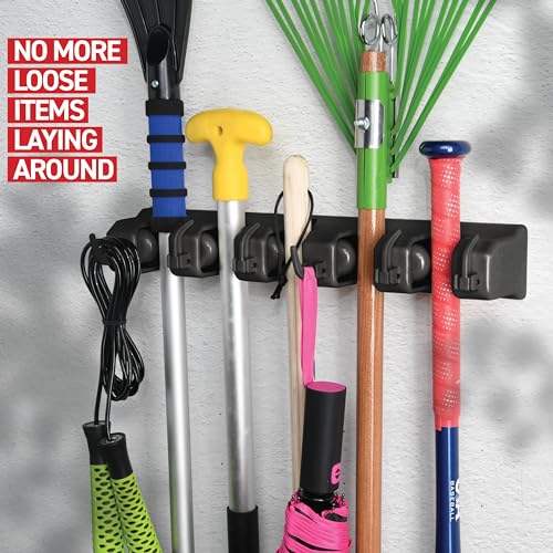 2 Pack Mop and Broom Holder Wall Mount - Garage Storage Organizer with 5 Slots, 6 Hooks, 7.5lbs Capacity Per Slot - Home, Kitchen, Closet, Laundry Room Organization – Black Broom Hanger - color: Black, size: 2 Pack 5-position, 6-Hooks