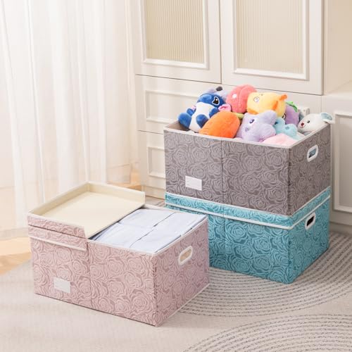 PRANDOM Extra Large Collapsible Storage Cubes with Lids Fabric Decorative Storage Bins Boxes Organizer Baskets with Cover Handles for Bedroom Closet Living Room 19.6x15.7x11.8 Inch 3 Pack - color: Assorted Color, size: X Large(3-Pack)