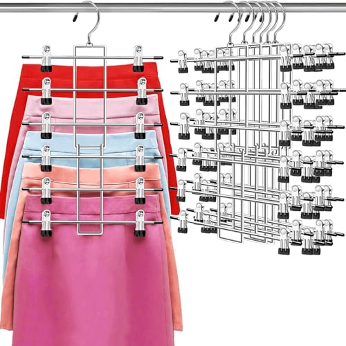 Pants Hangers with Clips,Space Saving Hanging Closet Organizer-6 Tiers Skirt Hangers with 360° Swivel Hook,Closet Organizer-Clothes Hangers- College Dorm Essentials Apartment Essentials- 6 Pack - size: 6 pack